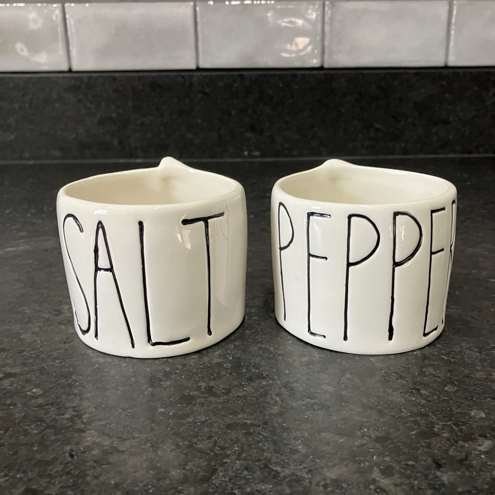 Rae Dunn Boutique RARE Salt Pepper Cellars Stitch Back Original‎ Large Letter